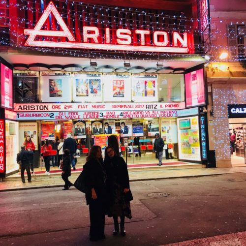 Roberta Finocchiaro and Simona Virlinzi in front of Teatro Ariston